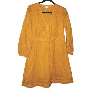 J. Crew Lace Trim Cotton A-line Mini Dress XS Yellow Gold Boho Peasant Rustic